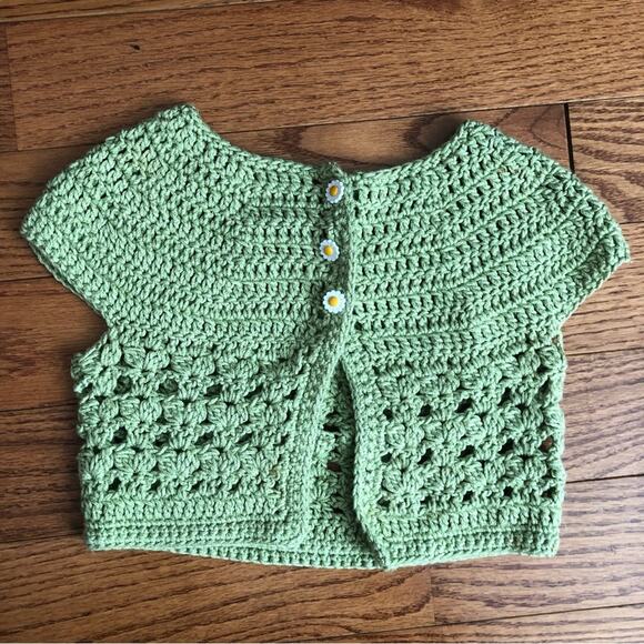 Undefined Other - Crochet Handmade Daisy Buttons Cropped Green Vest Girl’s Size 5-8